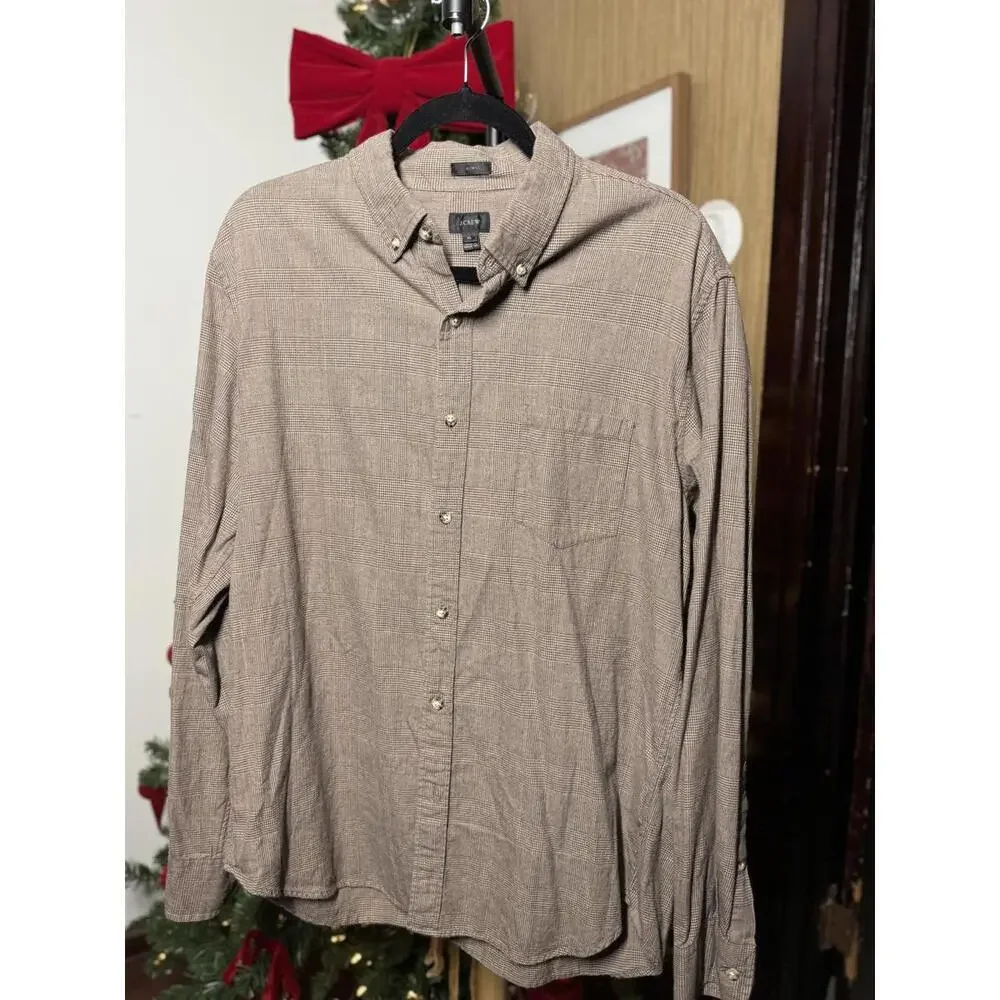 J.CREW Men's Casual Button-Down Shirt, Brown Plaid, Size Large